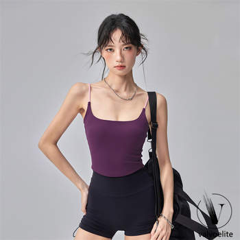 All-in-One фитнес потник за жени, тънки презрамки, U-образен гръб, подплата за бюста, нейлонова материя, дължина до талия, дизайн за красив гръб