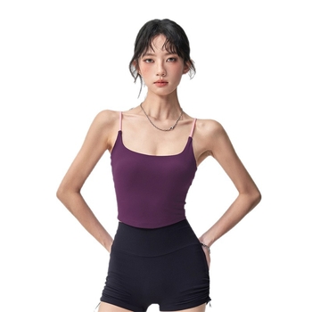 All-in-One фитнес потник за жени, тънки презрамки, U-образен гръб, подплата за бюста, нейлонова материя, дължина до талия, дизайн за красив гръб