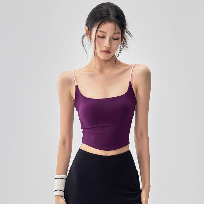 All-in-One фитнес потник за жени, тънки презрамки, U-образен гръб, подплата за бюста, нейлонова материя, дължина до талия, дизайн за красив гръб