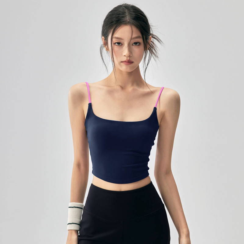 All-in-One фитнес потник за жени, тънки презрамки, U-образен гръб, подплата за бюста, нейлонова материя, дължина до талия, дизайн за красив гръб