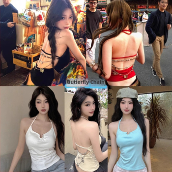 Ženski halter crop top bez leđa s ugrađenim jastučićima za grudi, pamuk 50–70%, mikroelastičan, uski kroj, kratka duljina 40–50 cm, ljeto 2025