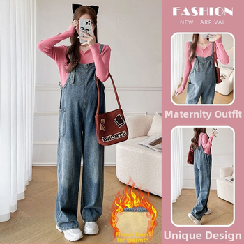 Grūtnieču komplekts: džinsa overāls ar siksnām un adīts garām piedurknēm tops, rudens–ziemas stilam, 3/4 garuma bikses