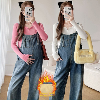 Grūtnieču komplekts: džinsa overāls ar siksnām un adīts garām piedurknēm tops, rudens–ziemas stilam, 3/4 garuma bikses