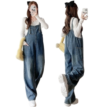 Grūtnieču komplekts: džinsa overāls ar siksnām un adīts garām piedurknēm tops, rudens–ziemas stilam, 3/4 garuma bikses