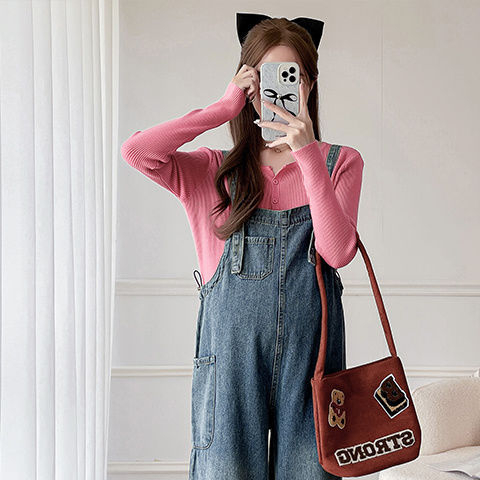 Grūtnieču komplekts: džinsa overāls ar siksnām un adīts garām piedurknēm tops, rudens–ziemas stilam, 3/4 garuma bikses