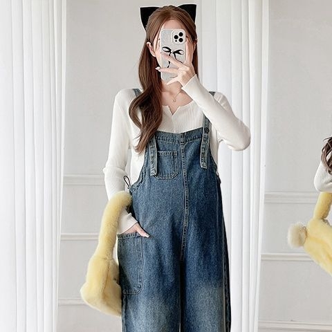 Grūtnieču komplekts: džinsa overāls ar siksnām un adīts garām piedurknēm tops, rudens–ziemas stilam, 3/4 garuma bikses