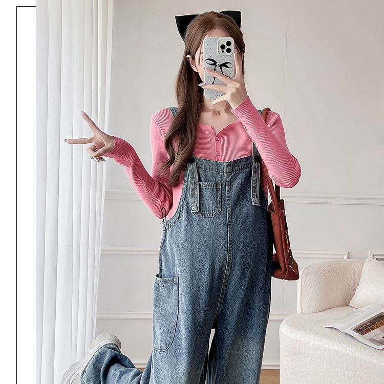 Grūtnieču komplekts: džinsa overāls ar siksnām un adīts garām piedurknēm tops, rudens–ziemas stilam, 3/4 garuma bikses