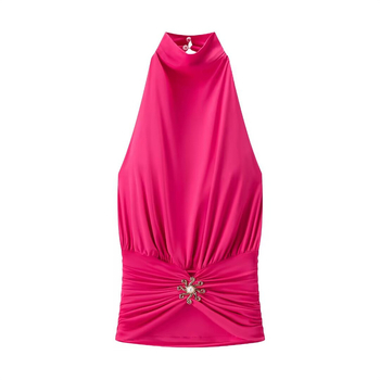 Ženski halter top, uska silueta, kratka duljina 40–50 cm, poliester, bez naramenica