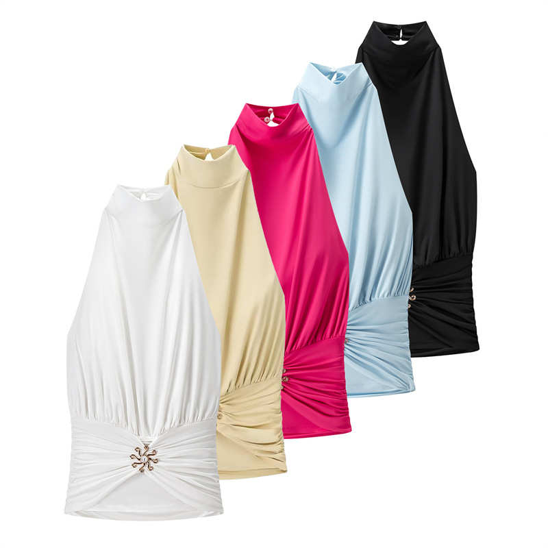 Ženski halter top, uska silueta, kratka duljina 40–50 cm, poliester, bez naramenica