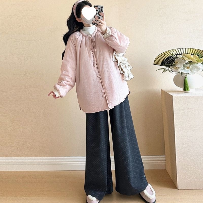 Māmiņu komplekts: pūkaina jaka rudens–ziemas sezonai kopā ar plašām biksēm, chenille audums ar elastānu <30%