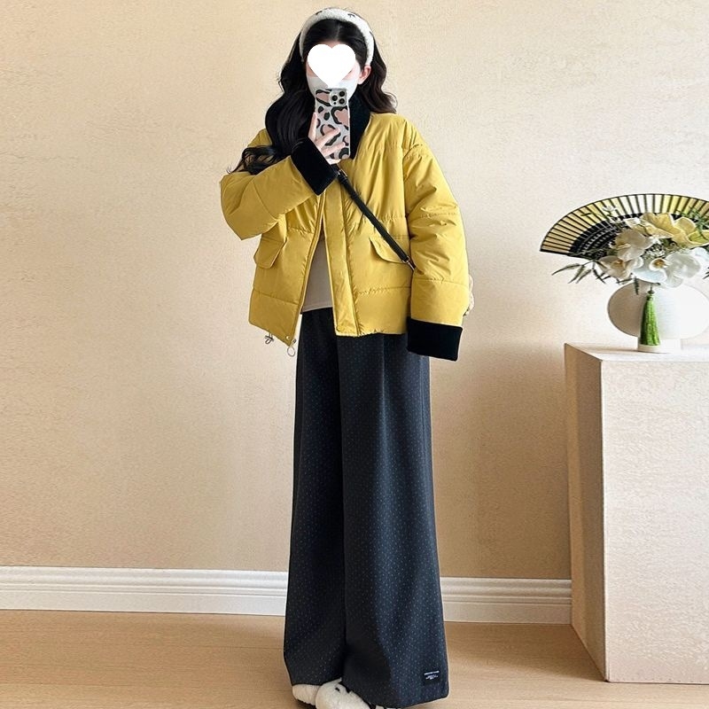 Māmiņu komplekts: pūkaina jaka rudens–ziemas sezonai kopā ar plašām biksēm, chenille audums ar elastānu <30%