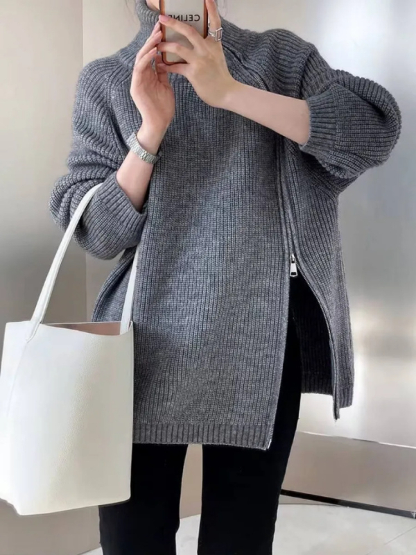 Ženski kardigan s kapuljom i bočnim zatvaračem, opuštenog kroja, retro stil, pleteni džemper, Arctic fleece materijal; akril 30-50%, poliester <30%