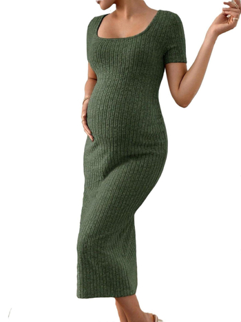 Grūtnieču kleita ar kvadrātveida apkakli, 3/4 piedurknēm, poliesters, vidēja garuma, taisna līnija