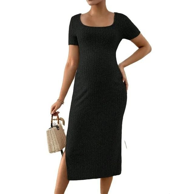 Grūtnieču kleita ar kvadrātveida apkakli, 3/4 piedurknēm, poliesters, vidēja garuma, taisna līnija