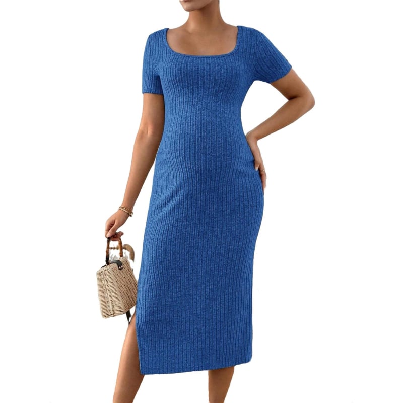 Grūtnieču kleita ar kvadrātveida apkakli, 3/4 piedurknēm, poliesters, vidēja garuma, taisna līnija