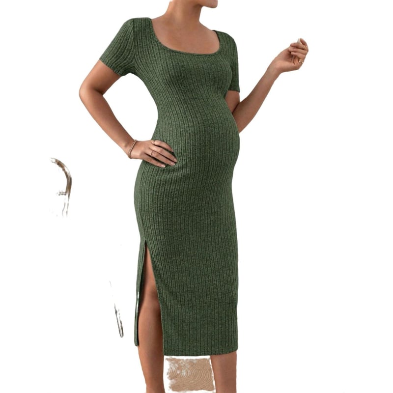 Grūtnieču kleita ar kvadrātveida apkakli, 3/4 piedurknēm, poliesters, vidēja garuma, taisna līnija