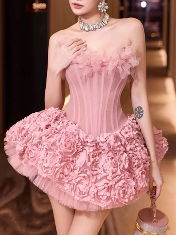 Φόρεμα με τρισδιάστατα λουλούδια και κέντημα, χωρίς τιράντες, τοπ σωλήνας, υψηλή μέση, φόρεμα δεξιώσεων