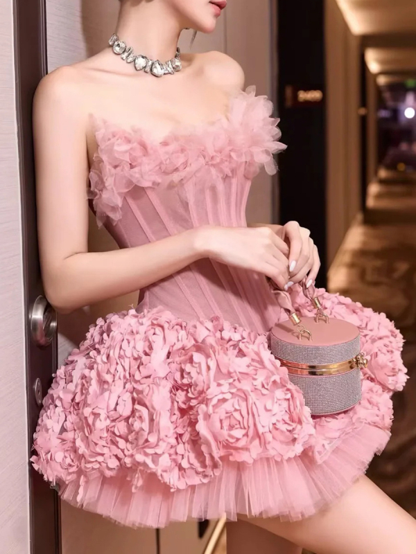 Φόρεμα με τρισδιάστατα λουλούδια και κέντημα, χωρίς τιράντες, τοπ σωλήνας, υψηλή μέση, φόρεμα δεξιώσεων