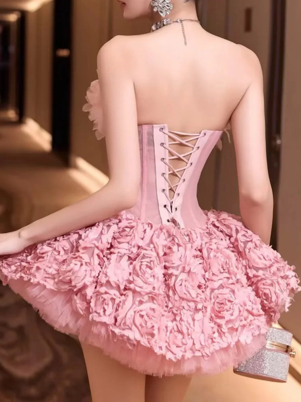 Φόρεμα με τρισδιάστατα λουλούδια και κέντημα, χωρίς τιράντες, τοπ σωλήνας, υψηλή μέση, φόρεμα δεξιώσεων