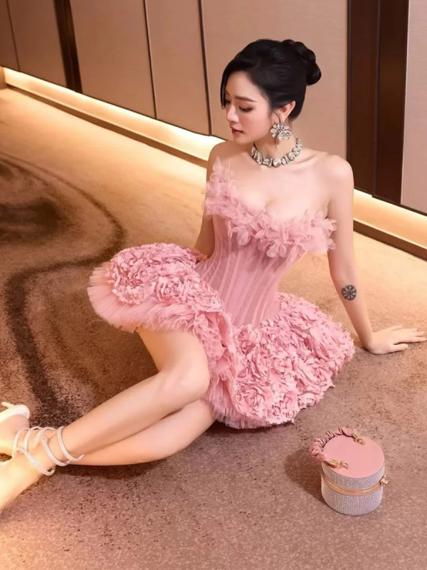 Φόρεμα με τρισδιάστατα λουλούδια και κέντημα, χωρίς τιράντες, τοπ σωλήνας, υψηλή μέση, φόρεμα δεξιώσεων