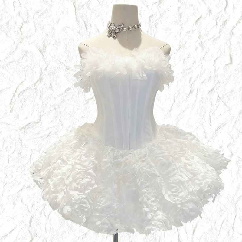 Φόρεμα με τρισδιάστατα λουλούδια και κέντημα, χωρίς τιράντες, τοπ σωλήνας, υψηλή μέση, φόρεμα δεξιώσεων