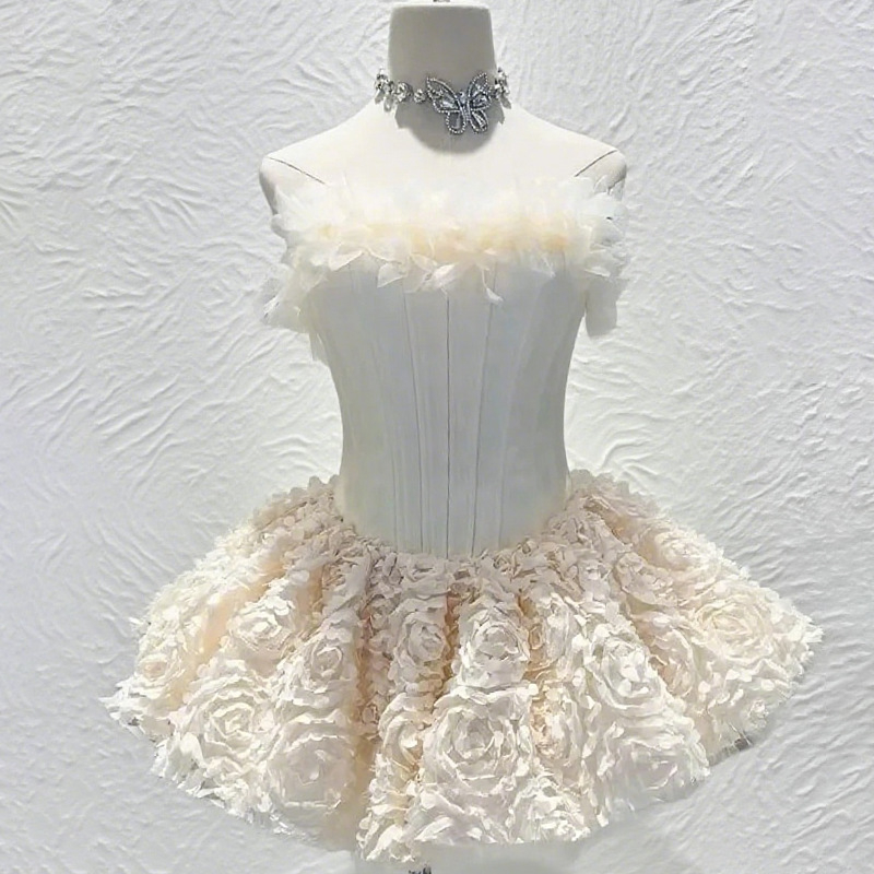 Φόρεμα με τρισδιάστατα λουλούδια και κέντημα, χωρίς τιράντες, τοπ σωλήνας, υψηλή μέση, φόρεμα δεξιώσεων