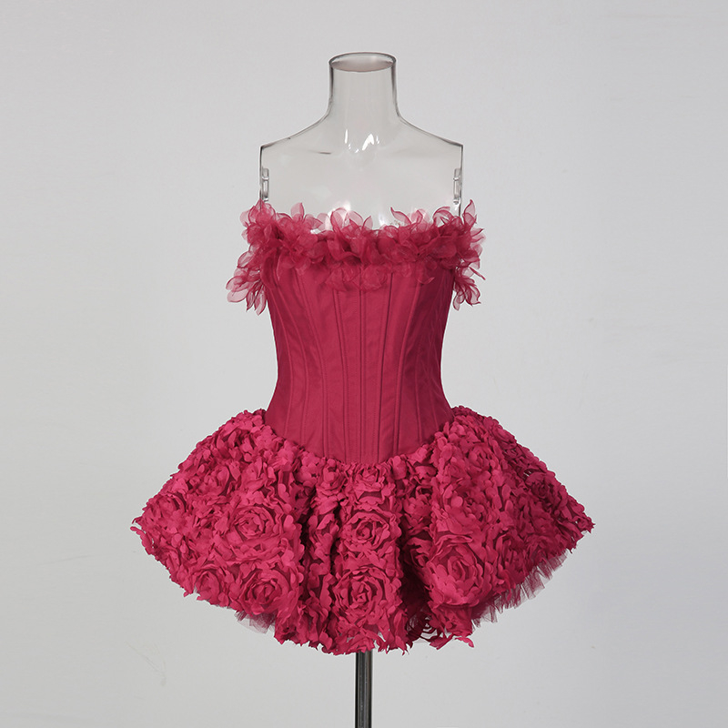 Φόρεμα με τρισδιάστατα λουλούδια και κέντημα, χωρίς τιράντες, τοπ σωλήνας, υψηλή μέση, φόρεμα δεξιώσεων