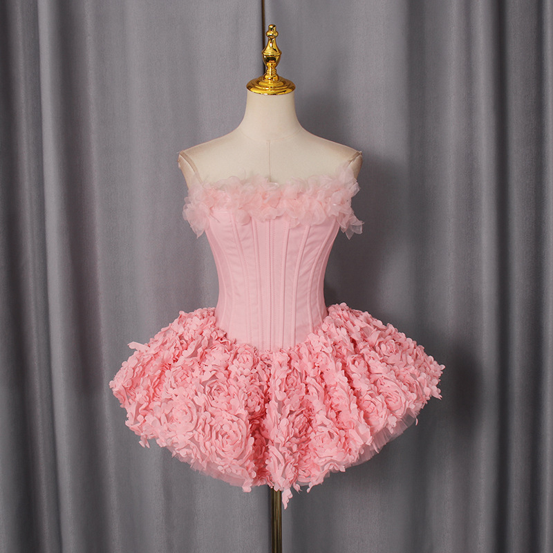 Φόρεμα με τρισδιάστατα λουλούδια και κέντημα, χωρίς τιράντες, τοπ σωλήνας, υψηλή μέση, φόρεμα δεξιώσεων