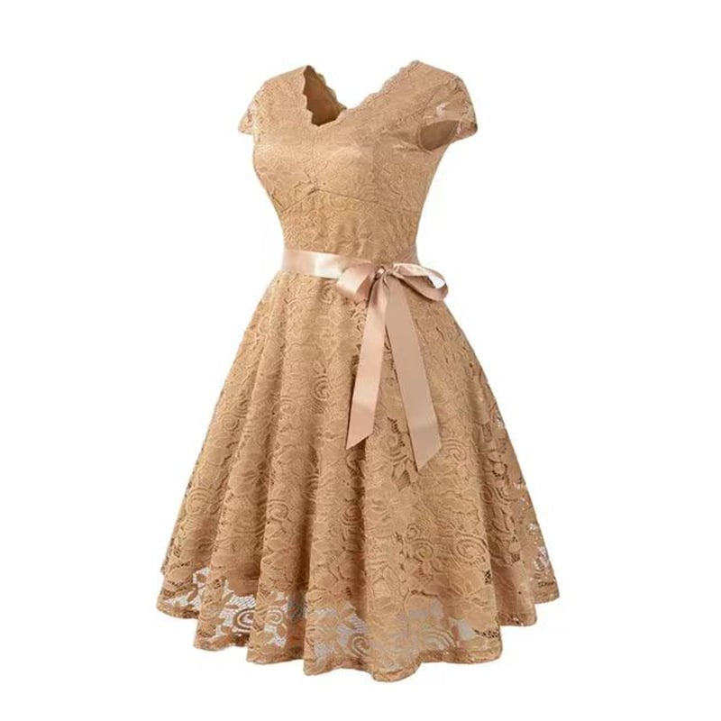 Līgavas draudzenes mežģīņu kleita, A līnijas siluets, īsi piedurknes, midi garums, augsta josta, vasaras 2025 vakara kleita (Poliester šķiedra; Cupro šķiedra; kleita/vakara apģērbs; pieaugušas sievietes; regulārs griezums)