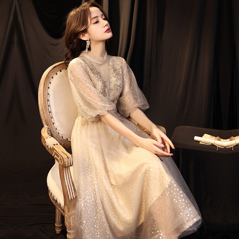 Vakara kleita, A-līnijas siluets, off-shoulder, pusgarās piedurknes, gara svārki, poliesteru audums