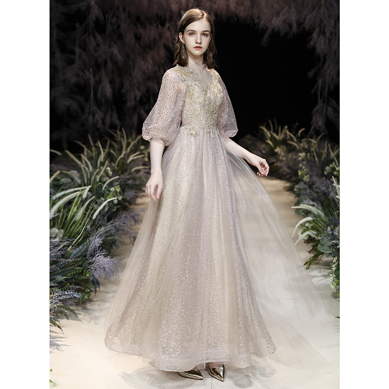 Vakara kleita, A-līnijas siluets, off-shoulder, pusgarās piedurknes, gara svārki, poliesteru audums