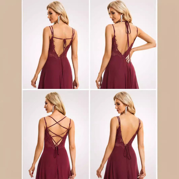 Elegants vakarkleita ar V veidgalu, atvērta mugura, šifons, plise, princeses svārki