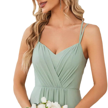 Elegants vakarkleita ar V veidgalu, atvērta mugura, šifons, plise, princeses svārki