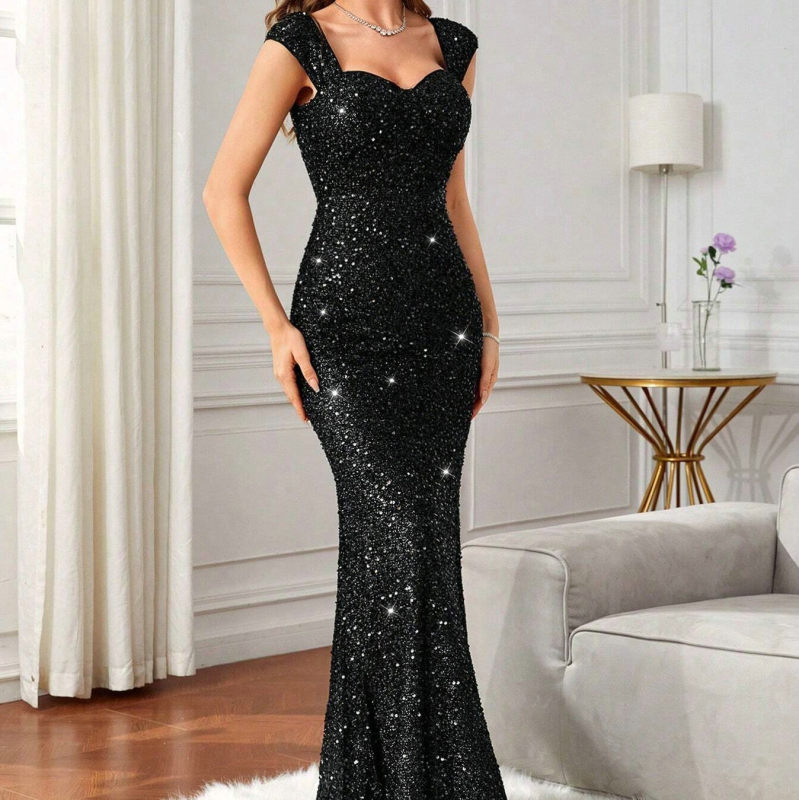 Elegáns estélyi ruha magas derekú és uszonyos siluettel, váll nélküli, mély V-dekoltázs, hosszú ruha, poliészter