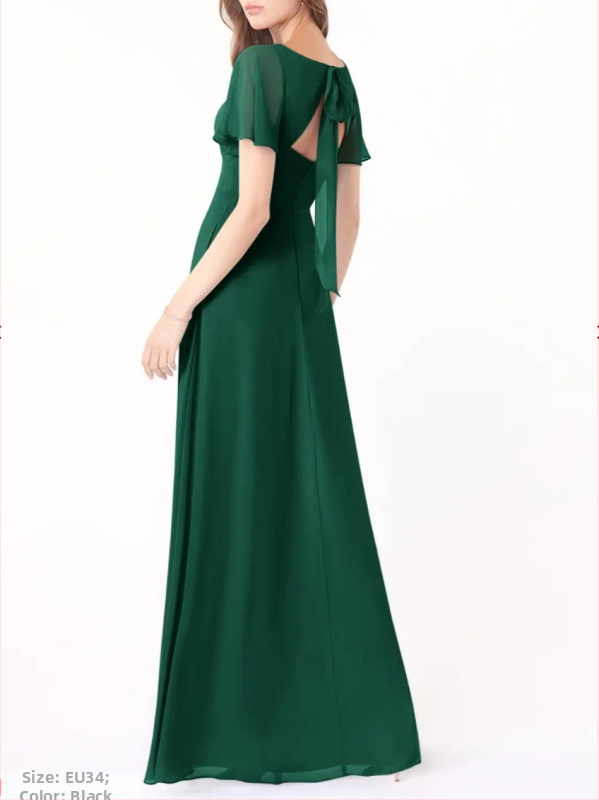 Šifónové šaty družičky s hlbokým V výstrihom, krátke volánové rukávy, chrbát odhalený so šnúrou, dlhý A-linijny strih s rozparkom.