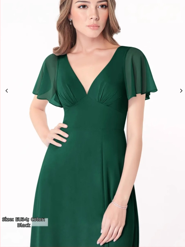 Šifónové šaty družičky s hlbokým V výstrihom, krátke volánové rukávy, chrbát odhalený so šnúrou, dlhý A-linijny strih s rozparkom.