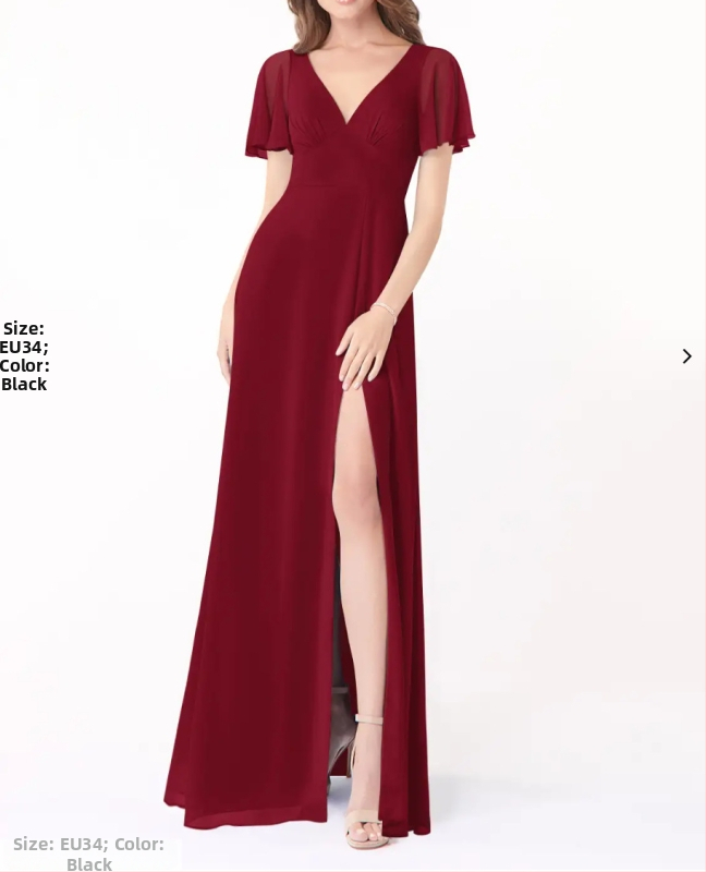 Sifonból készült koszorúslány ruha mély V-nyakkal, rövid fodros ujjakkal, hátul nyitott pánttal, hosszú A-vonalú sziluett, széles hasítékkal.