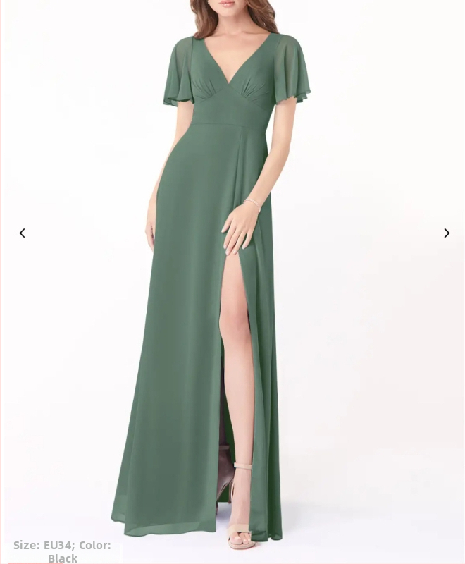 Sifonból készült koszorúslány ruha mély V-nyakkal, rövid fodros ujjakkal, hátul nyitott pánttal, hosszú A-vonalú sziluett, széles hasítékkal.