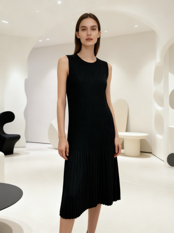 Haljina bez rukava, srednje duljine, A-linija, elastani poliester, okrugli izrez, elegantan gradski stil