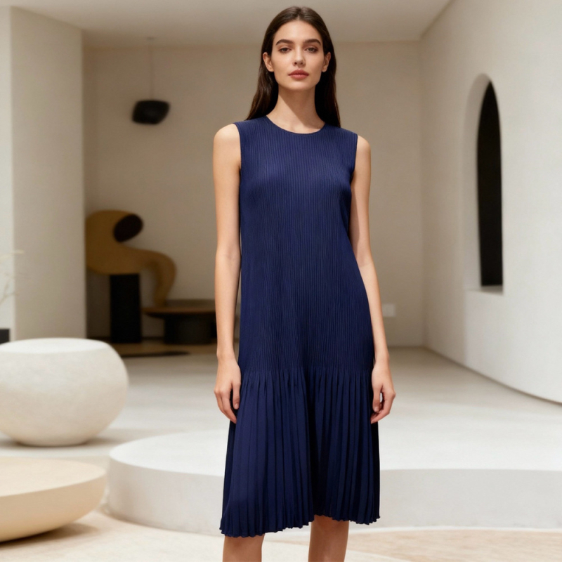 Haljina bez rukava, srednje duljine, A-linija, elastani poliester, okrugli izrez, elegantan gradski stil