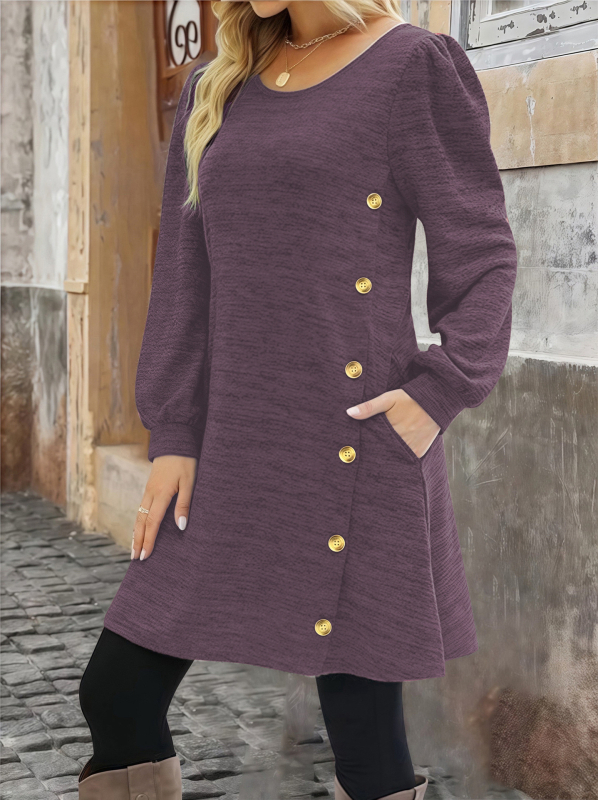 A līnijas kleita ar apaļu kakla izgriezumu, garām piedurknēm un vidēja garuma svārkiem, no poliestera-elastāna.