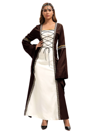 Haljina s kvadratnim ovratnikom, zvonastim rukavima, duga, A-linijski kroj, patchwork boemski stil