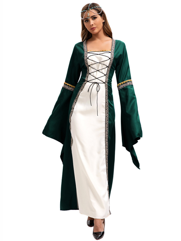 Haljina s kvadratnim ovratnikom, zvonastim rukavima, duga, A-linijski kroj, patchwork boemski stil