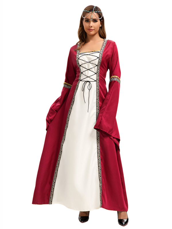 Haljina s kvadratnim ovratnikom, zvonastim rukavima, duga, A-linijski kroj, patchwork boemski stil