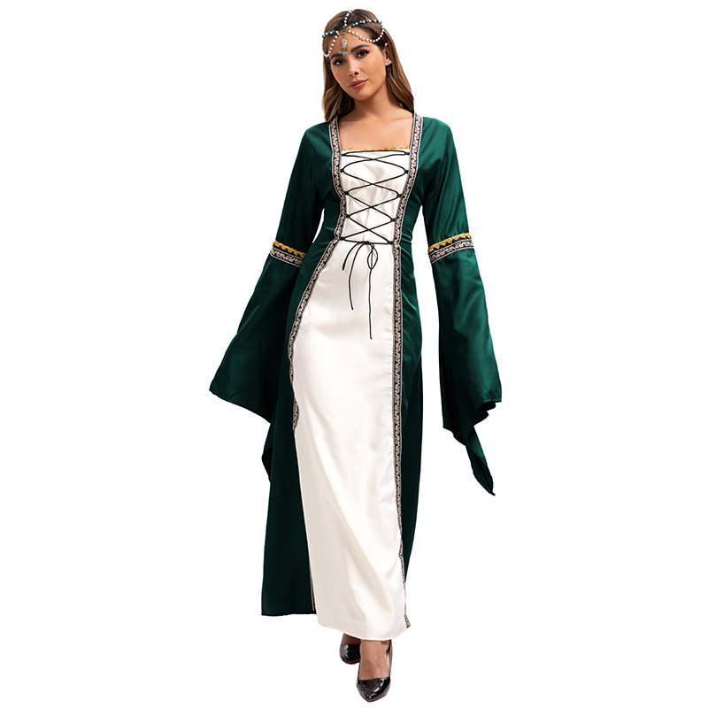 Haljina s kvadratnim ovratnikom, zvonastim rukavima, duga, A-linijski kroj, patchwork boemski stil