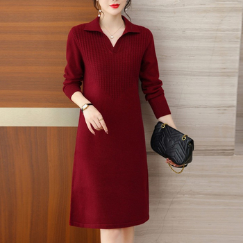 Midi kleita ar polo apkakli, garām piedurknēm, A līnijas silueta, 100% akrils