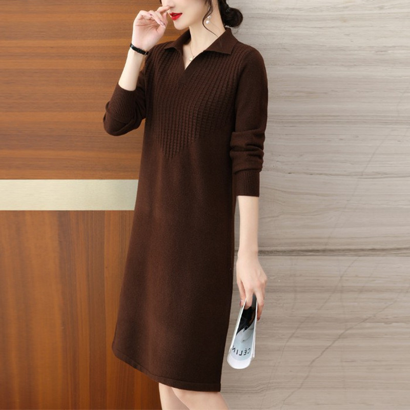 Midi kleita ar polo apkakli, garām piedurknēm, A līnijas silueta, 100% akrils