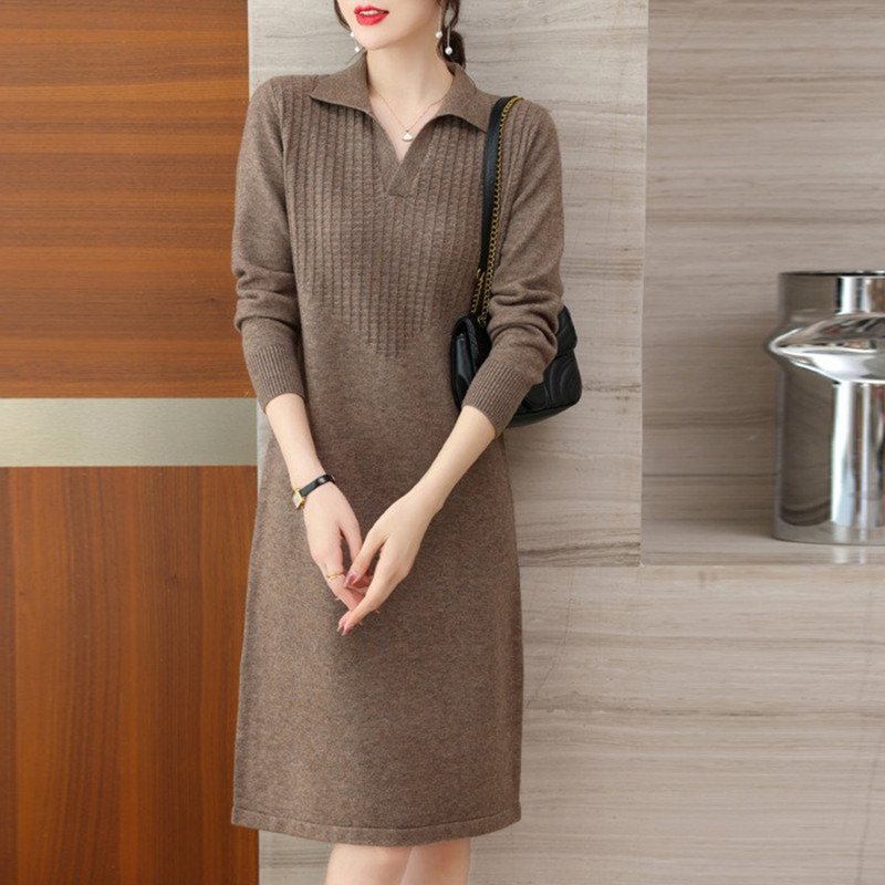 Midi kleita ar polo apkakli, garām piedurknēm, A līnijas silueta, 100% akrils