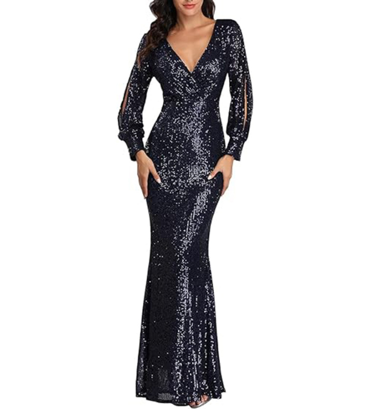 Formāla vakara kleita ar dziļu V-dekolti, garām piedurknēm, šaura silueta (Slim Fit), gara svārki