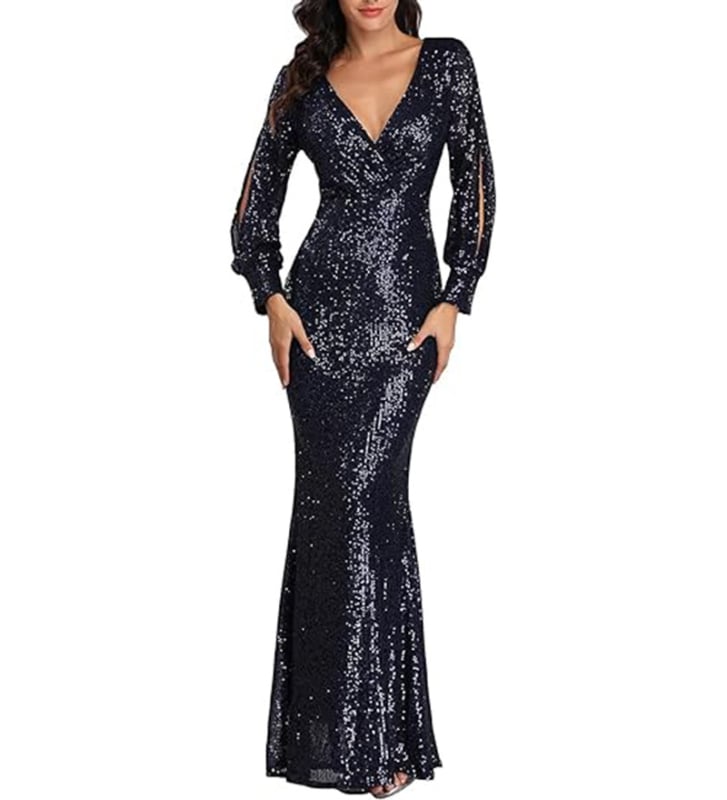 Formāla vakara kleita ar dziļu V-dekolti, garām piedurknēm, šaura silueta (Slim Fit), gara svārki